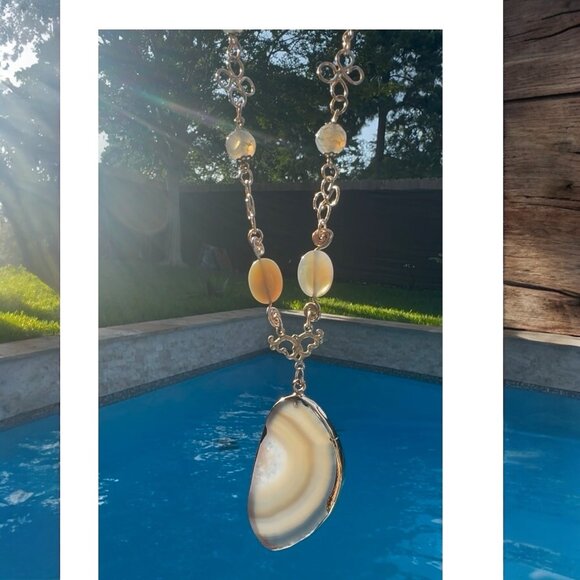 Artisan Hammered Lotus Flower Necklace W/ Agate Pendant Labradorite & Chalcedony - Picture 13 of 17